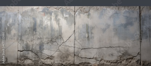 Close-up of an old concrete wall with a large ascending crack, dividing the square surface into