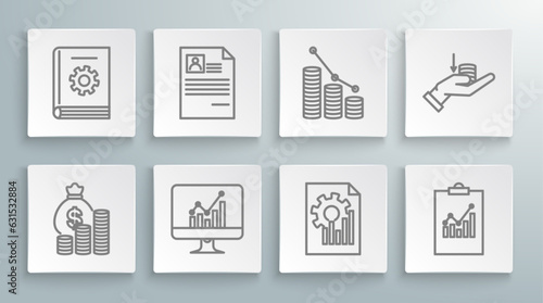 Set line Money bag and coin, Resume, Computer monitor with graph chart, Document, Clipboard, Pie infographic, hand and User manual icon. Vector