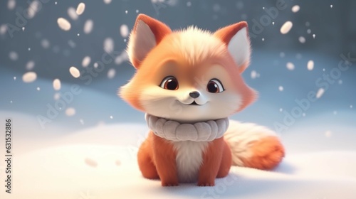 cute red fox baby cartoon dreamlike in snow winter gen.Generative AI