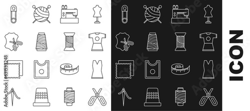 Set line Scissors, Woman dress, Sewing machine, thread on spool, and leather, Classic closed steel safety pin and icon. Vector