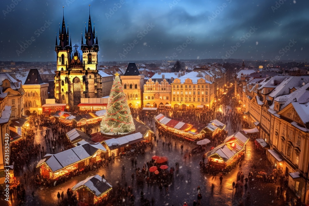 Weihnachtsmarkt auf dem Marktplatz in Prag, Tschechische Republik, Generative AI