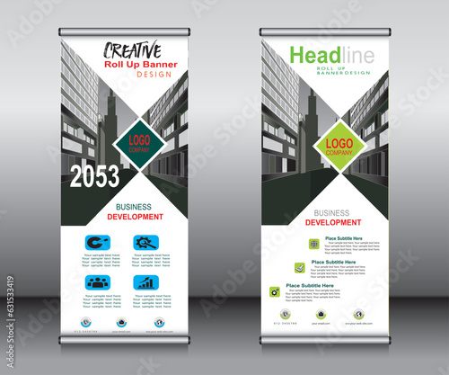 Roll up banner template design,banner layout, advertisement, pull up, polygon background.