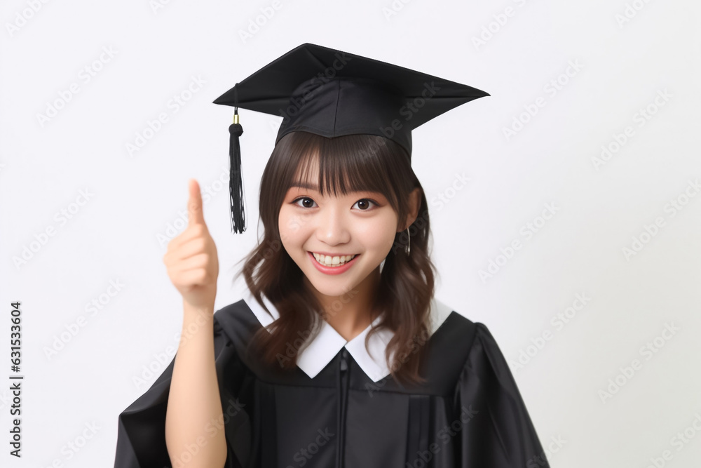 Young happy woman university graduate in graduation gown and cap in white background. Cheerful girl in graduation costume showing smiling at camera. Generative AI. Young happy woman university graduate in graduation gown and cap in white background. Cheerful girl in graduation costume showing smiling at camera. Generative AI.