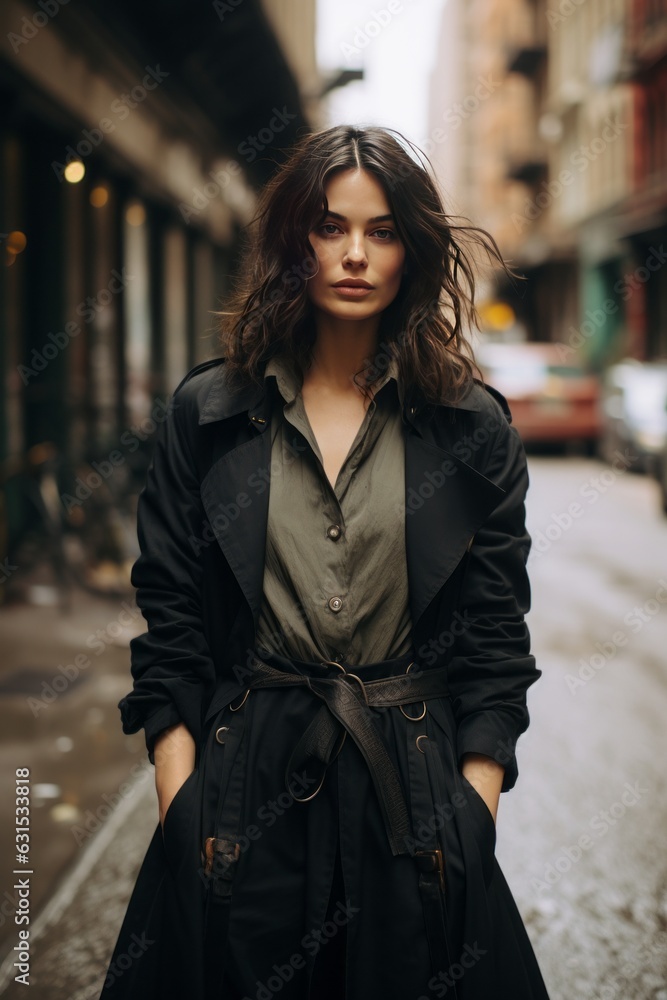 Sleek Black Trench Coat Over a Neutral Outfit, Generative AI Sleek Black Trench Coat Over a Neutral Outfit, Generative AI