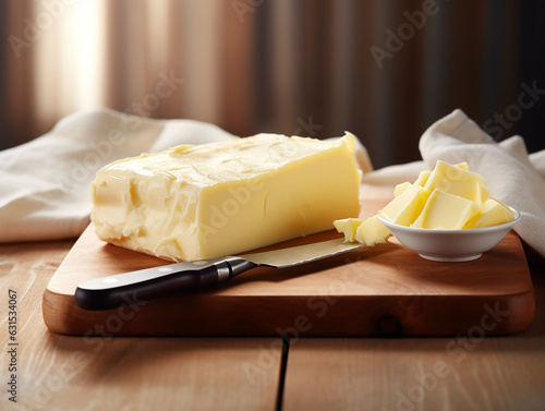 fresh butter cut with knife on wooden plate.
