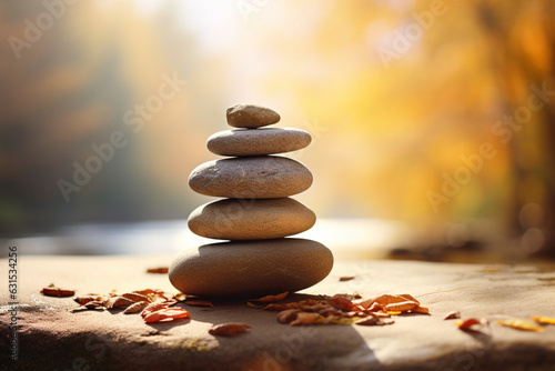 Zen stacked stones on nature background, soft light photography