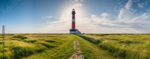 Panorama of the Westerheversand Lighthouse at Westerhever in Nordfriesland in the German state of Schleswig-Holstein, Generative AI