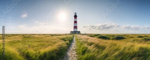 Panorama of the Westerheversand Lighthouse at Westerhever in Nordfriesland in the German state of Schleswig-Holstein, Generative AI