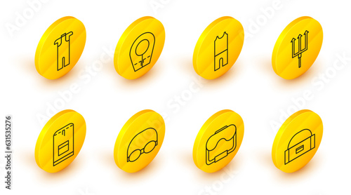 Set line Case or box container for wobbler, Diving mask, Glasses and cap swimming, Backpack, Neptune Trident, Wetsuit scuba diving, hood and icon. Vector