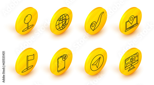 Set line Monitor and folded map with location, Paper airplane, Infographic of city navigation, Flag, Laptop marker, Route, Location the globe and Push pin icon. Vector