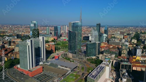 Aerial view of the skyline of a modern cityscape of business skyscrapers. Palazzo Lombardy Region, unicredit tower and UnipolSai, vertical forest. Biblioteca degli Alberi Drone. Milan Italy 13.09.2023 photo