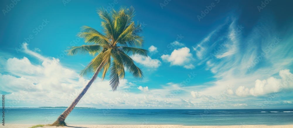 beach with a palm tree, a blue sky, and white clouds. It represents the concepts of summer vacation