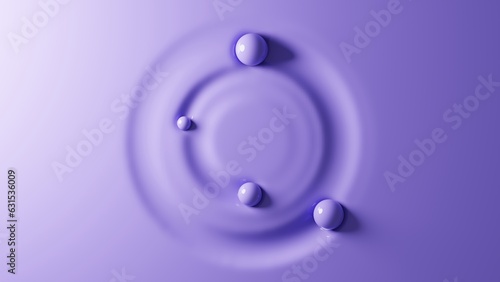 Liquid background in which four balls describe circles. 3D render.