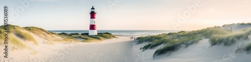 Panoramic view of a lighthouse standing at the coast of Sylt, North Sea, Germany, Generative AI