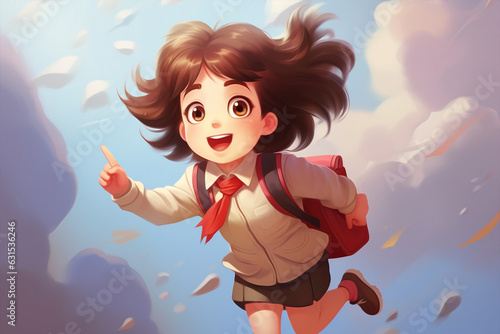 Illustration of a happy school girl with backpack jumping high happy for the first day of school. High quality photo