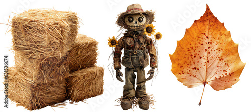 Autumn set, collection with straw. Haystack, straw scarecrow in a hat, autumn leaf. Farm set. Isolated on a transparent background.