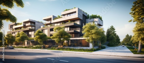 A contemporary residential apartment building with a luxurious exterior and outdoor space. This