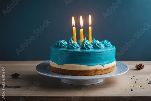 Birthday cake with blue frosting and yellow birthday candles ready for a birthday party, blue background.AI generated