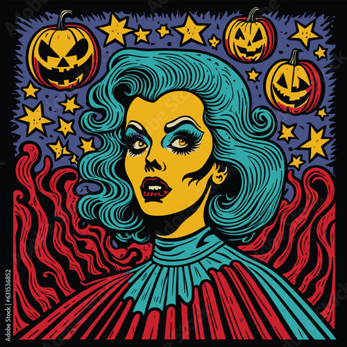 Halloween hand drawn vector illustration of scary woman with spooky face.
