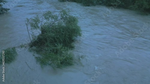 High river level and fast water during the flood in August 2023 close to Bohinjska Bistrica on the river Lava Bohinjska, it was the biggest flood in Slovenia since decades. photo