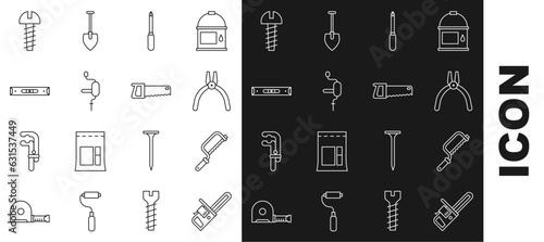 Set line Chainsaw, Hacksaw, Pliers tool, Screwdriver, Hand drill, Construction bubble level, Metallic screw and icon. Vector