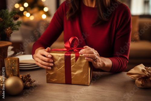 Unrecognizable woman wrapping a Christmas present