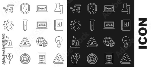 Set line High voltage, Light bulb with concept of idea, Electrical panel, Equation solution, Test tube and flask, Virus, Square root 4 glyph and XYZ Coordinate system icon. Vector