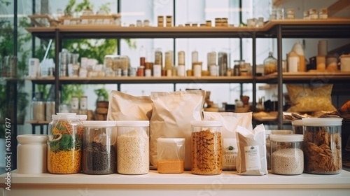 Background of interior in zero waste shop. Products in plastic free grocery store.