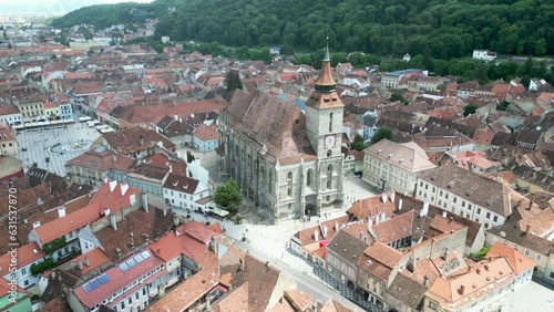Aerial of the old Black Church (Biserica Neagra) in Brasov, Romania photo