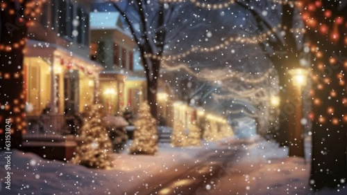 Snow falling on a deserted street decorated for Christmas. 4k seamless loop