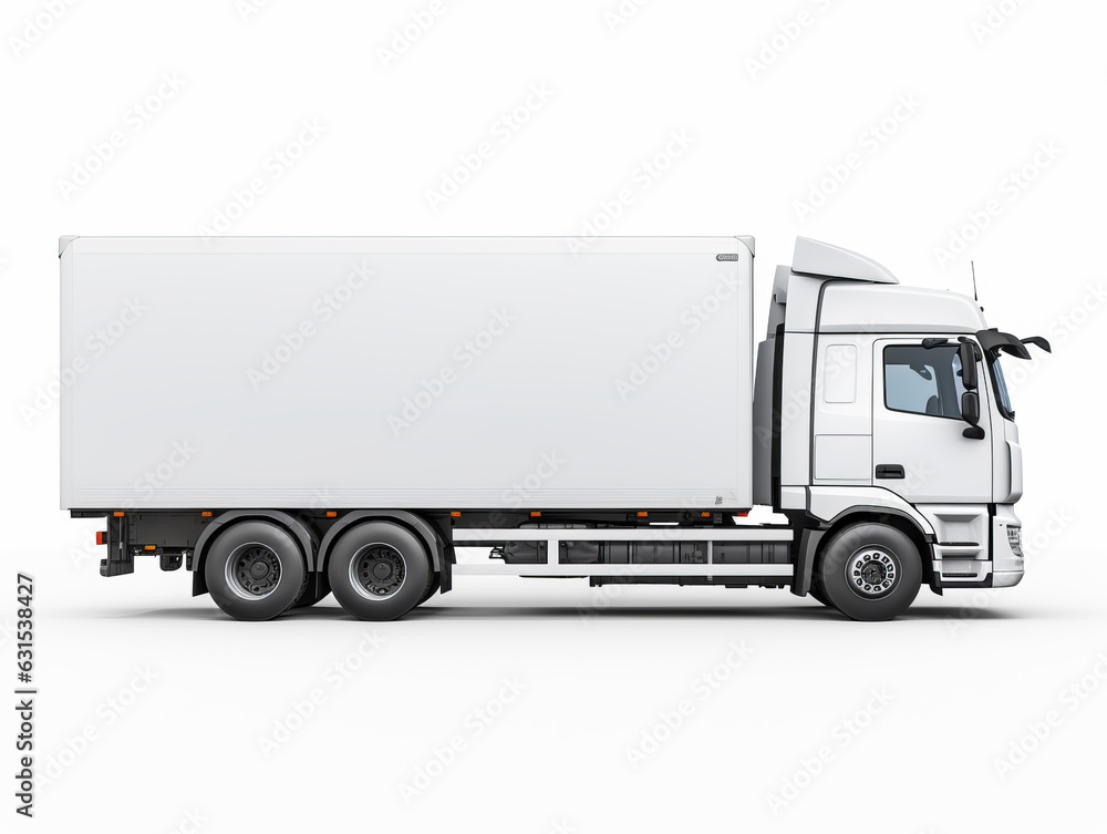 White delivery truck isolated on white background. Side view. Place for text. Generative AI White delivery truck isolated on white background. Side view. Place for text. Generative AI