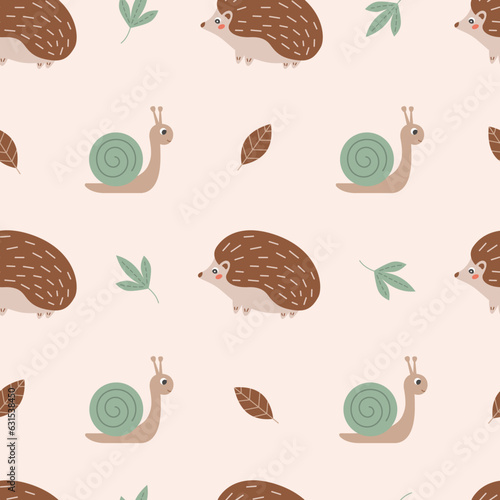Autumn seamless pattern with cute hedgehog, snail and leaves. Fall or woodland animals theme wallpaper. Suitable for decorating kids' projects. Hand drawn vector illustration on pastel background. 