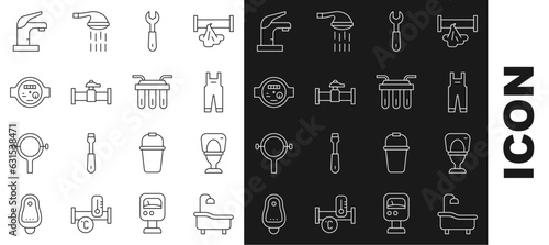 Set line Bathtub, Toilet bowl, Work overalls, Wrench spanner, Industry pipe and valve, Water meter, tap and filter icon. Vector