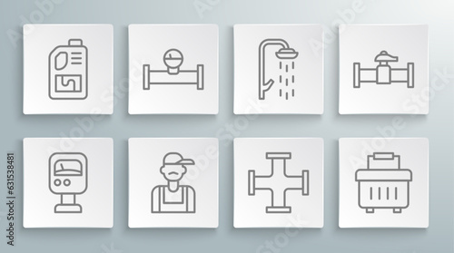 Set line Pressure water meter, Industry pipe and manometer, Plumber, metallic, Toolbox, Shower, valve and Drain cleaner bottle icon. Vector