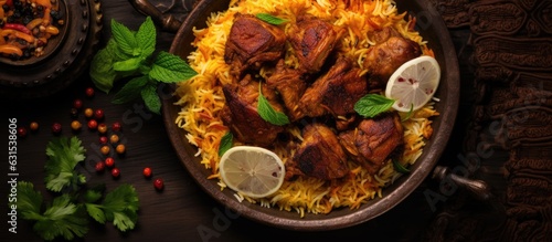 The Mandi or Kabsa Tandoor Dish is a rice dish with meat and spices. It is seen from a top view