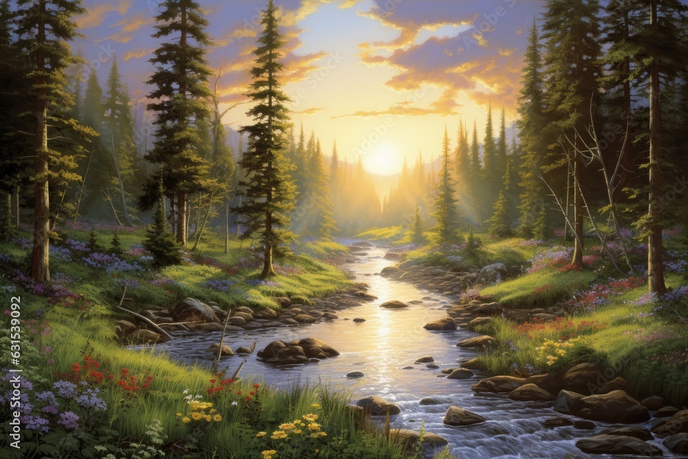 Flourishing forest, Emphasizing the towering trees, Verdant undergrowth, Myriad of wildlife, Gentle stream, Generative AI Flourishing forest, Emphasizing the towering trees, Verdant undergrowth, Myriad of wildlife, Gentle stream, Generative AI