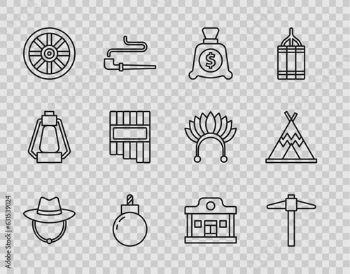 Set line Western cowboy hat, Pickaxe, Money bag, Bomb ready to explode, Old wooden wheel, Pan flute, Wild west saloon and Indian teepee or wigwam icon. Vector