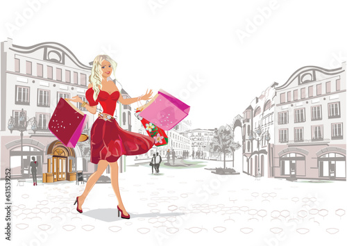 Fashion young woman in hat with shopping bags in the city.  Fashion girl portrait sketch. Hand drawn vector illustration.