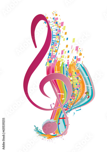 Abstract musical design with a treble clef and colorful splashes, notes and waves.  Colorful treble clef. Hand drawn vector illustration.