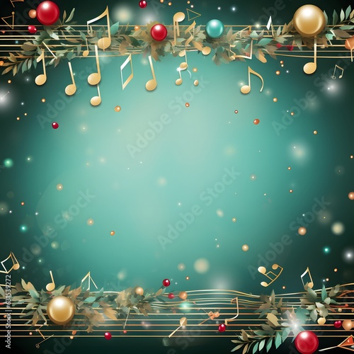 Christmas  green background, greeting card with festive decorations and  bright musical notes/