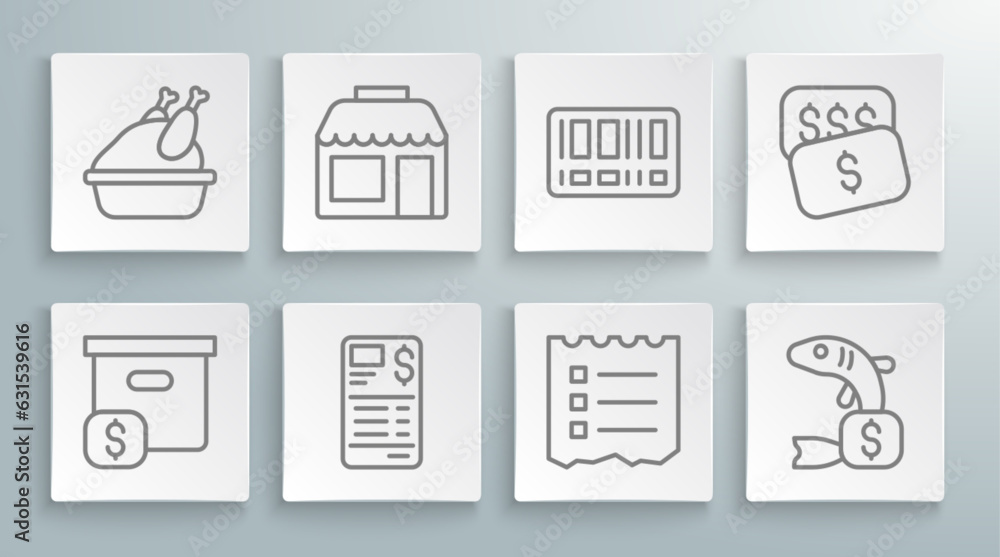 Set line Carton cardboard box with price, Market store, Paper financial check, Shopping list, Price tag for fish, Barcode, New dollar and Roasted turkey chicken icon. Vector Set line Carton cardboard box with price, Market store, Paper financial check, Shopping list, Price tag for fish, Barcode, New dollar and Roasted turkey chicken icon. Vector