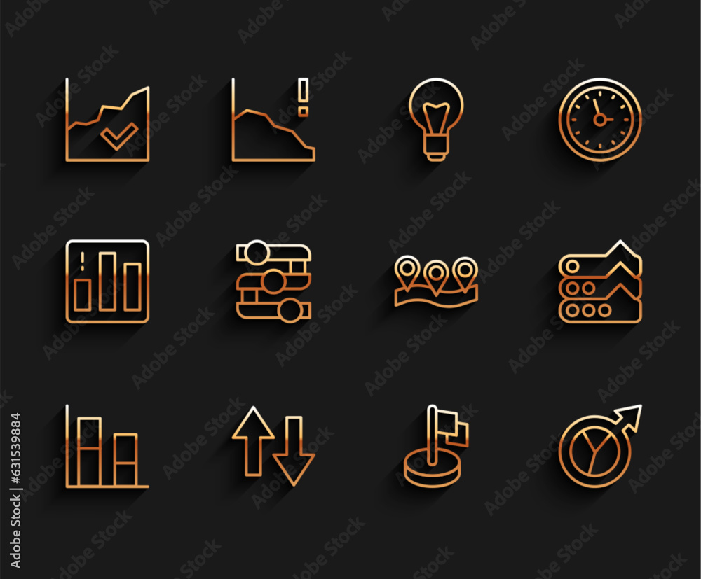 Set line Graph, chart, diagram, Arrow, Financial growth increase, Flag, and Location icon. Vector