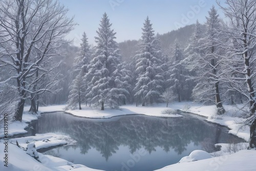 A Magical Scene of Snow-Covered Trees and a Frozen Lake, Embracing Winter's Charm
