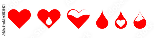 Red heart with a drop of blood emblem. Blood transfusion medical icons. Vector illustration isolated on white background.