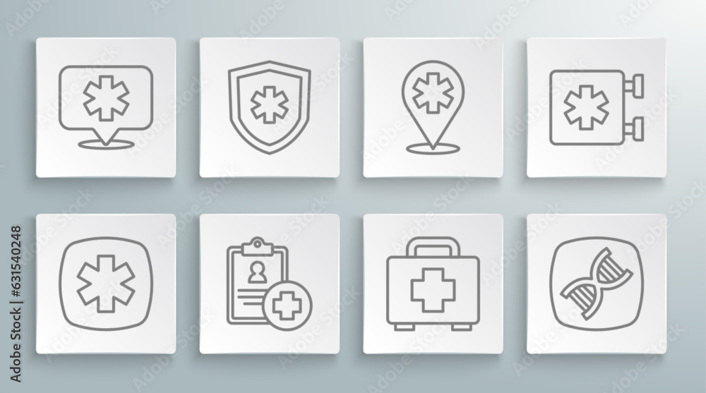 Set line Emergency - Star of Life, insurance, Patient record, First aid kit, DNA symbol, Location hospital, and icon. Vector Set line Emergency - Star of Life, insurance, Patient record, First aid kit, DNA symbol, Location hospital, and icon. Vector