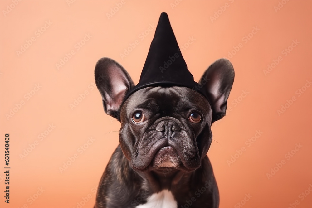 French Bulldog with Halloween witch hat on orange background