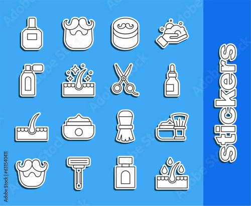 Set line Oil for hair care treatment, Shaving brush with foam, bottle, Gel wax styling, Aftershave atomizer, and Scissors hairdresser icon. Vector