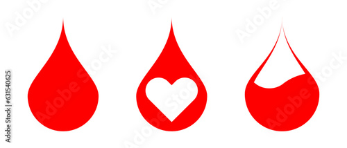 Red drop of blood icons. Blood transfusion medical icons. Vector illustration isolated on white background.
