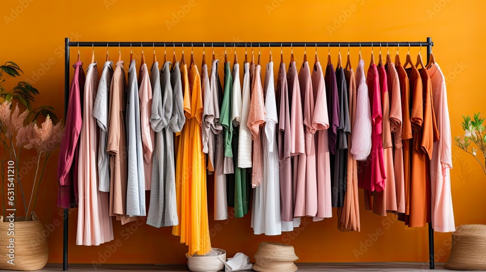 Displaying Dresses on Clothes Racks in a Fashion Store. Still Life for Small Businesses with no customers. Generative AI