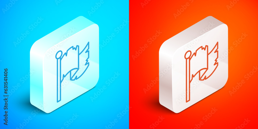 Isometric line Pirate flag icon isolated on blue and red background. Silver square button. Vector Isometric line Pirate flag icon isolated on blue and red background. Silver square button. Vector
